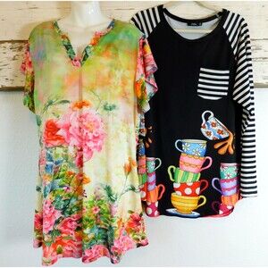 Lily by Firmiana Lot of 2 Tunic Tops 1X SPRING FUN Colorful Floral Coffee EUC